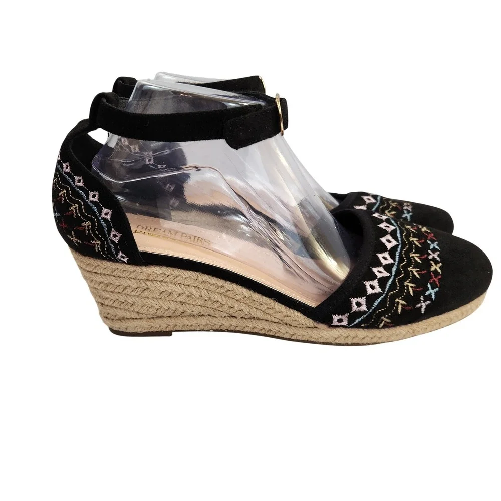 Dream Pairs Womens Black Embroidered Wedge Ankle StrapEspadrille Sandals Size 10